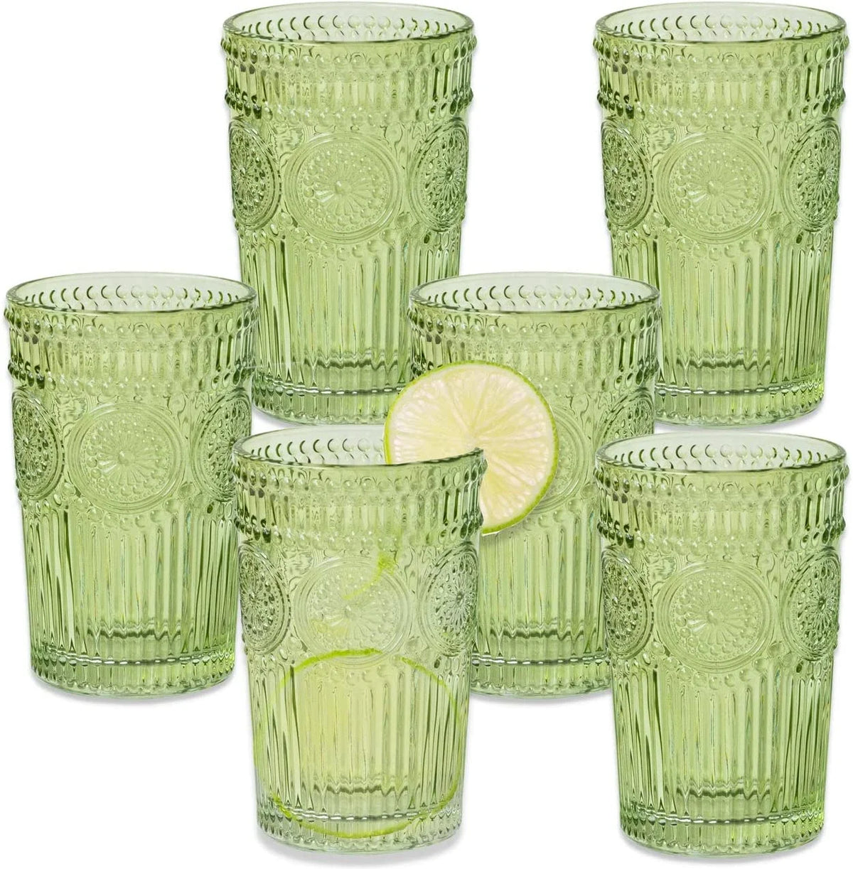 Vintage Textured Amber Striped Drinking Glasses Set of 24, (13 oz) Ribbed Glassware with Flower Design | Cocktail Set, Juice Glass, Water Tumbler