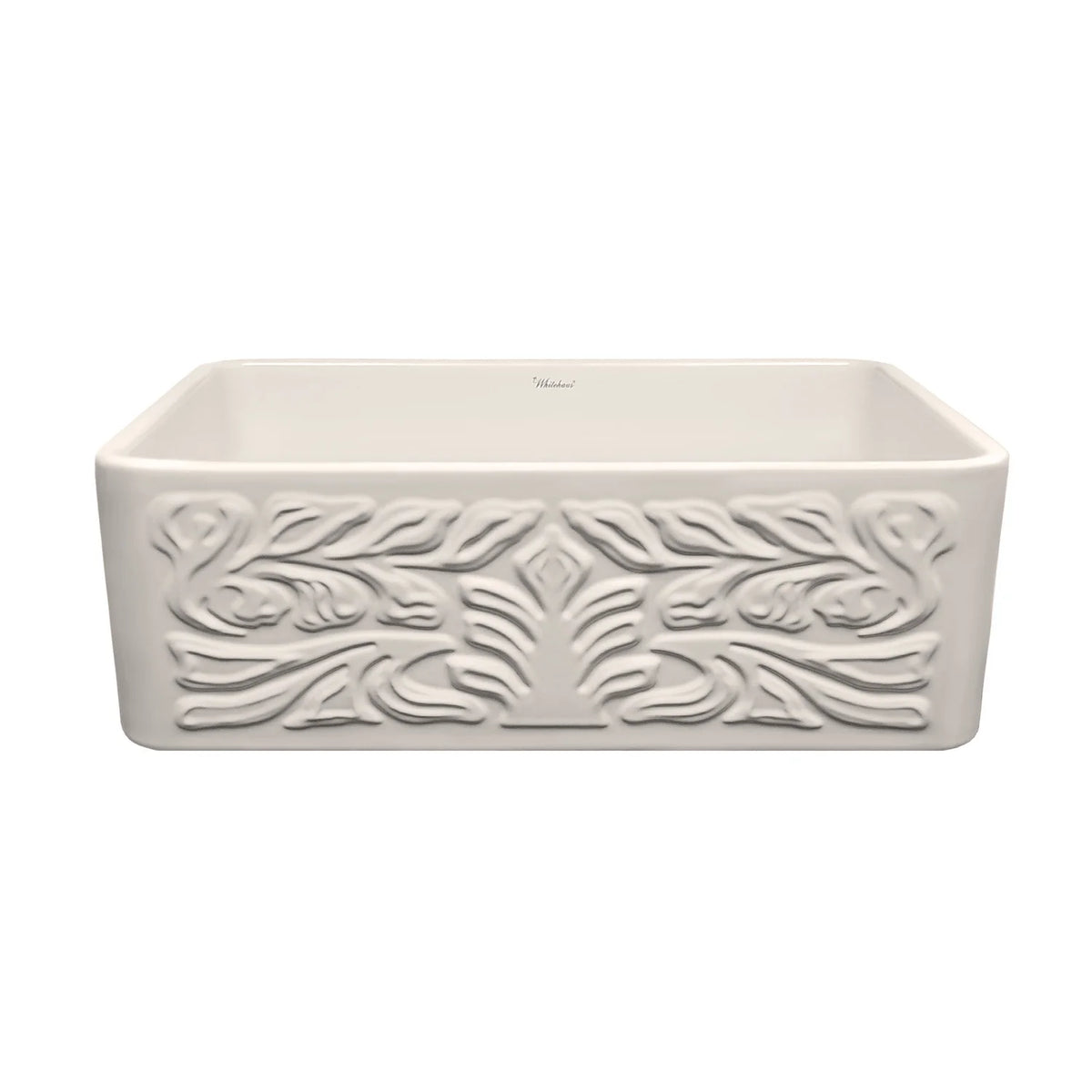 Farmhaus Fireclay Reversible Sink with a Gothichaus Swirl Design Front Apron on One Side, and a Fluted Front Apron on the Opposite Side.