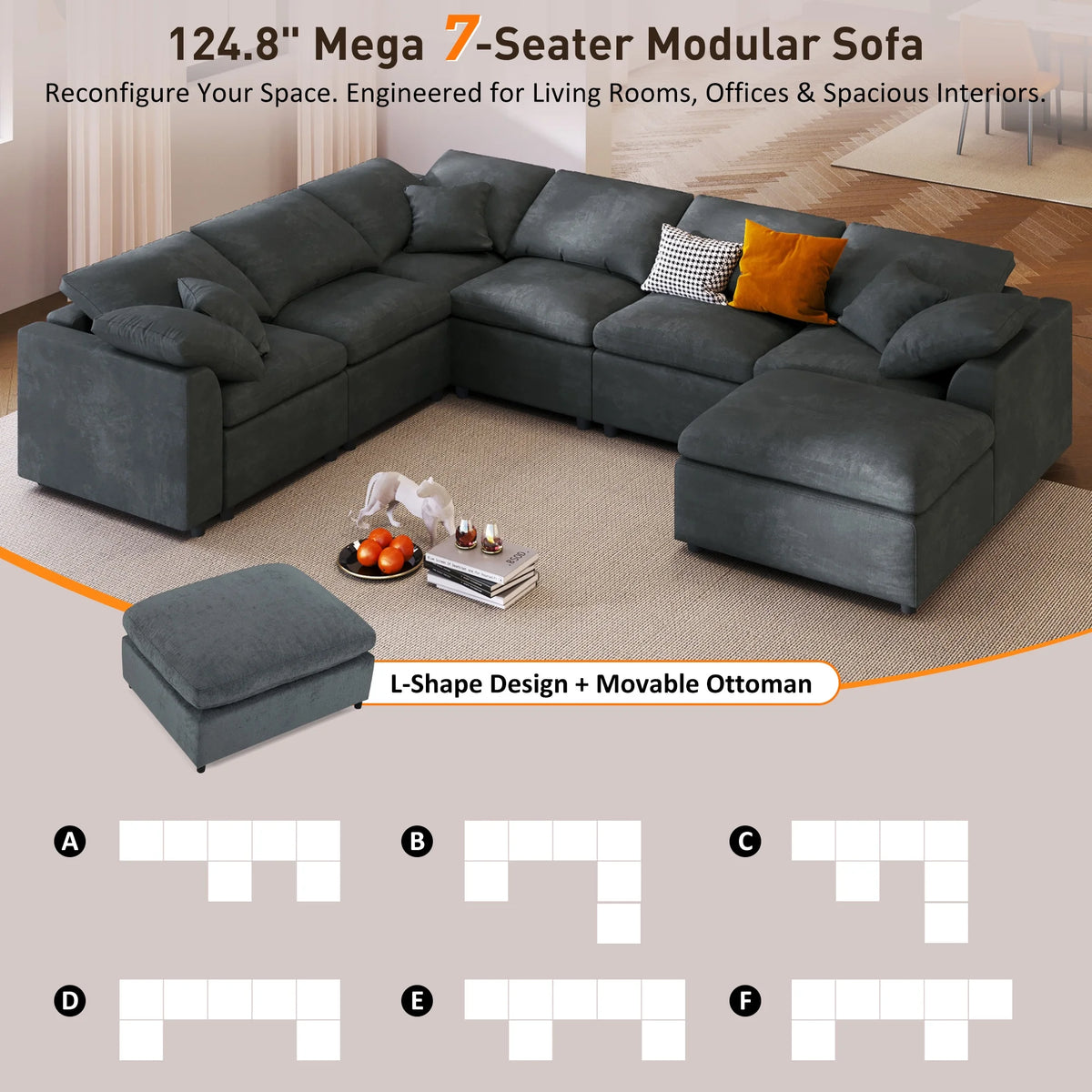 EUROCO 124.8" 7-Seater Oversized Modular Couches and Sofas Sectional with Ottoman,Sectional Sofa U/L Shaped Chenille Sectional Couch for Living Room, Office, Spacious Space