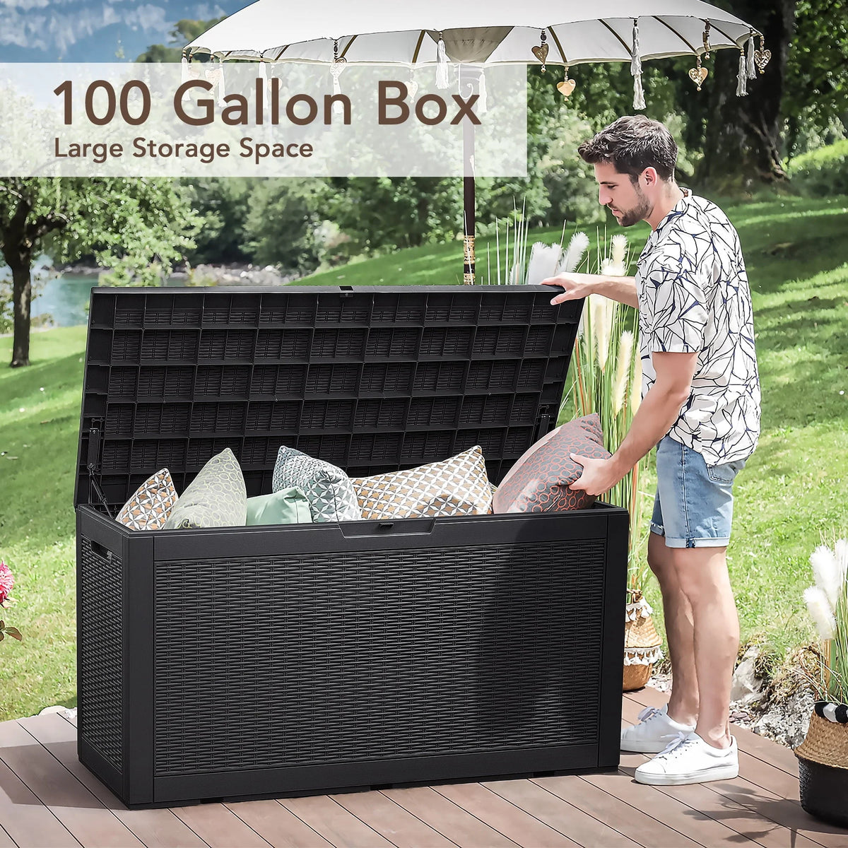 Vineego Outdoor All-Weather 100 Gallon Resin Deck Box,Indoor Outdoor Lockable Storage Container, Black