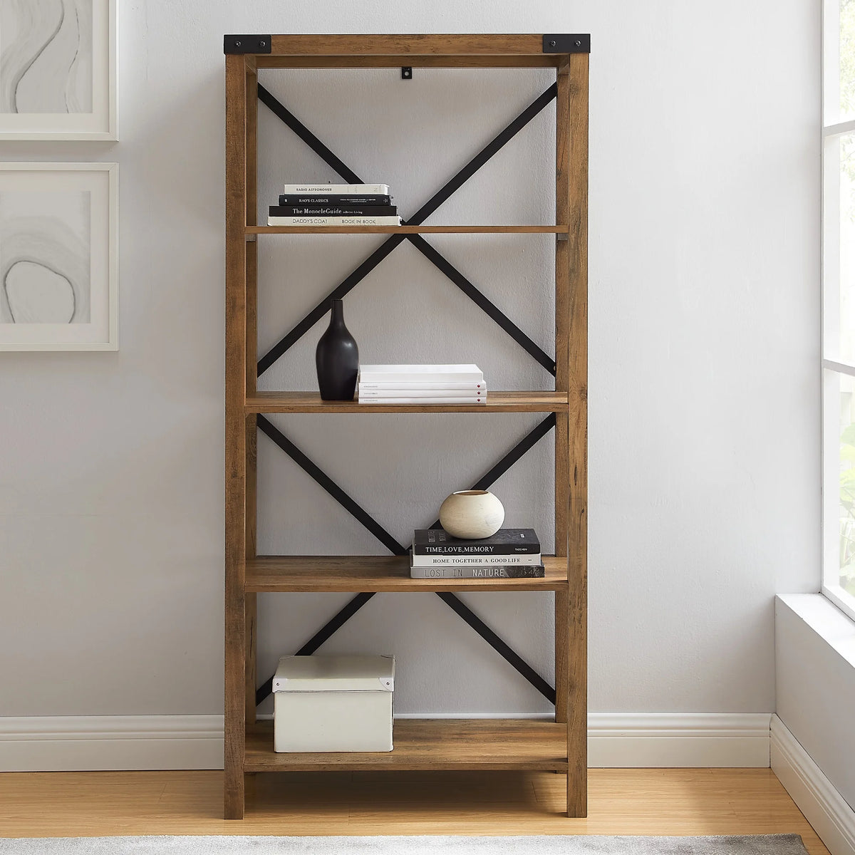 Walker Edison Rustic Industrial 4-Shelf Bookcase, Dark Walnut