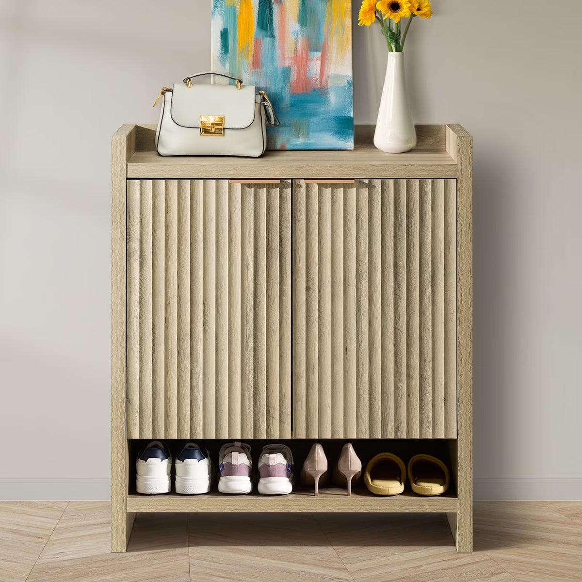 ARKANTOS Fluted Shoe Cabinet 3 Level Adjustable Shelf and 2 Doors Light Gray Oak