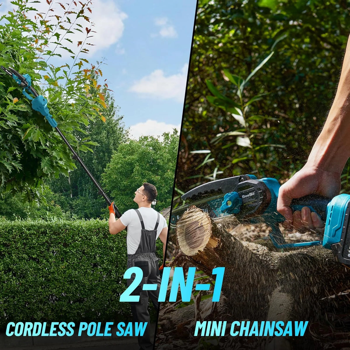 Seesii 2-in-1 Cordless Pole Saw, 6 Inch Brushless Pole Chainsaws Mini Handheld Chainsaw with 2x 4.0Ah 21V Batteries, 2x Chains, Auto Oiler, 16FT MAX Extension Pole for Tree Trimming