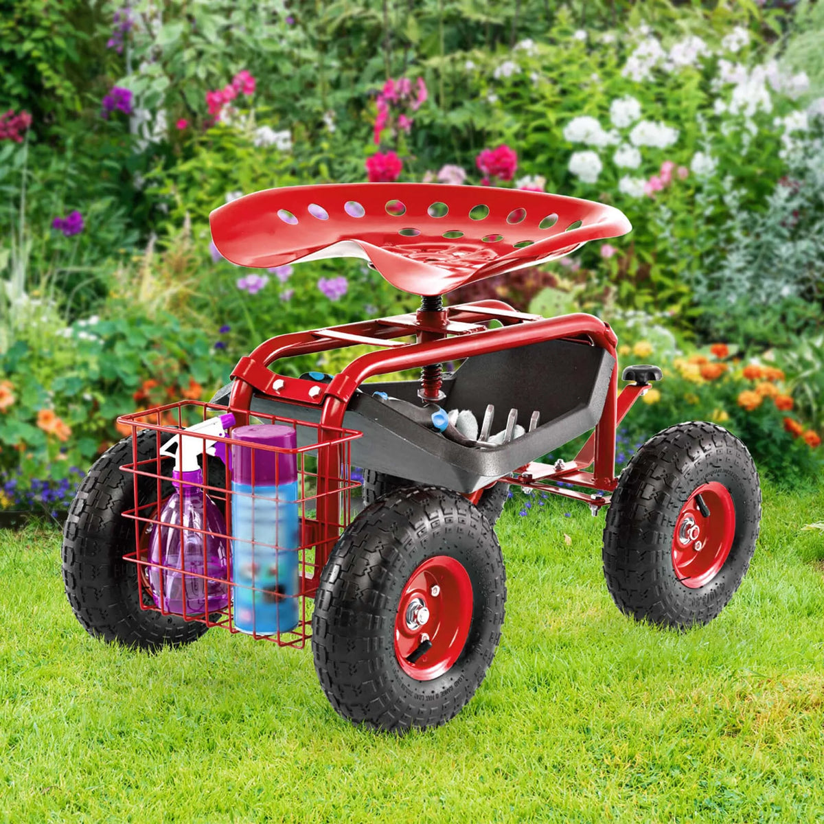 Costway Garden Cart Rolling Work Seat w/ Tool Tray Basket Green
