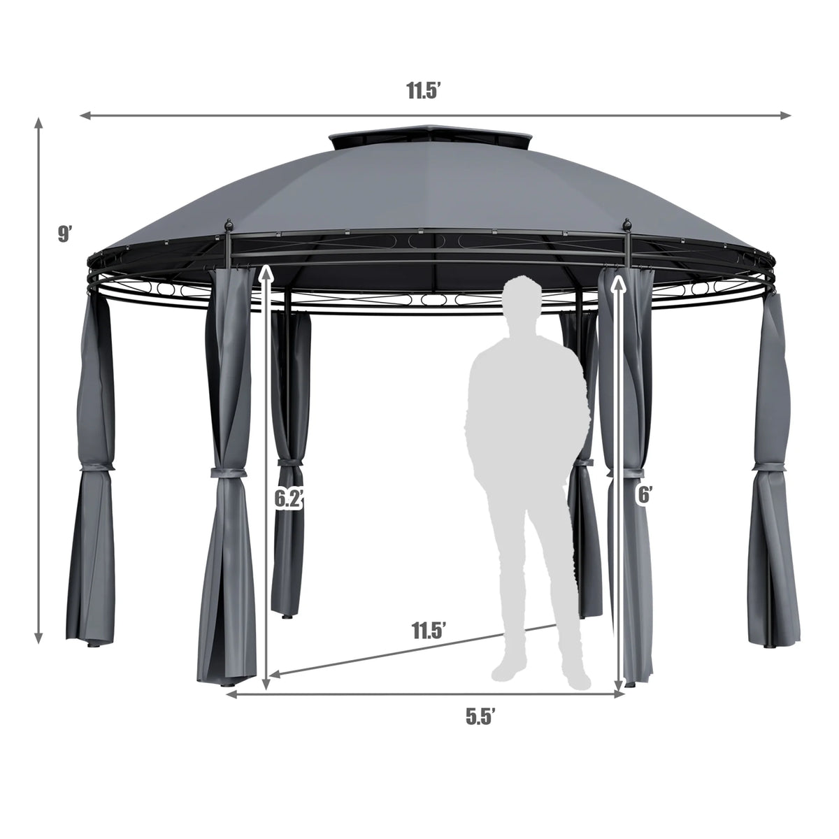 Gymax 11.5' Outdoor Patio Round Dome Gazebo Canopy Shelter Double Roof Steel Gray