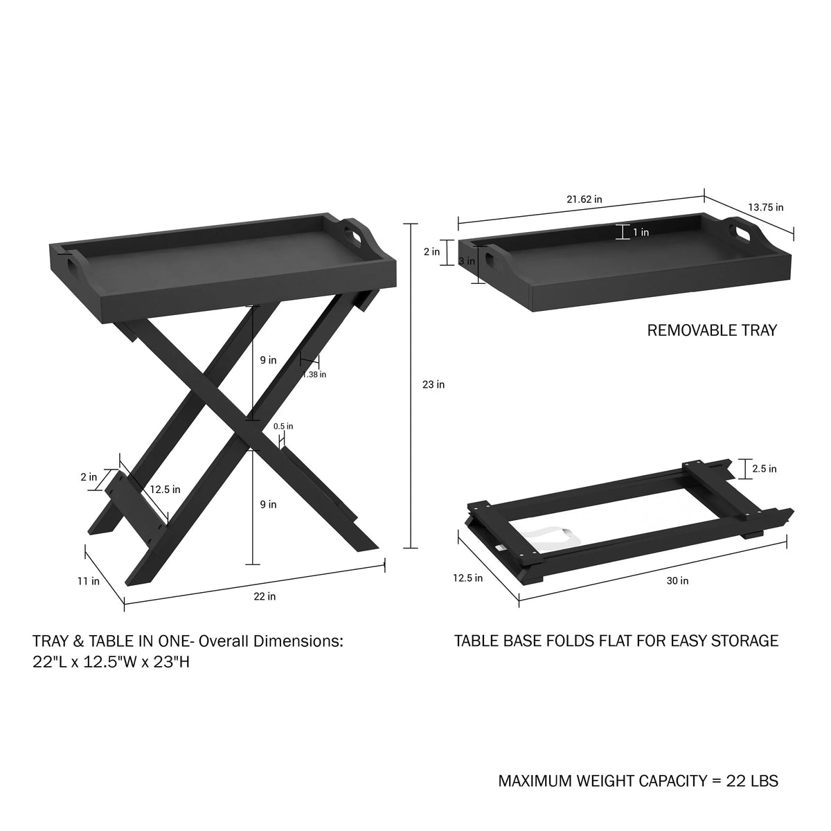 Lavish Home Folding End Table with Removable TV Tray, Black