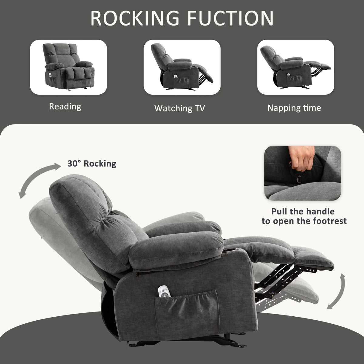 JONPONY Manual Recliner Chair with Heat Therapy and Massage Function, Heavy Duty Reclining Mechanism Massage Chair, Elderly Single Rocker Sofa with Cup Holders for Bedroom Home Theater,Grey