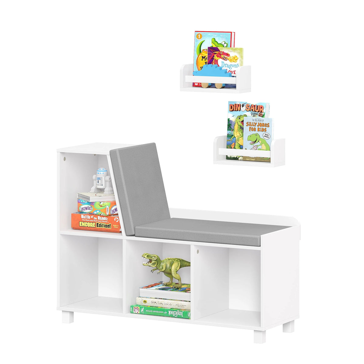 Book Nook Kids Multi-Cubby Storage Bench Includes 2 Bonus 10 inch Floating Bookshelves -White