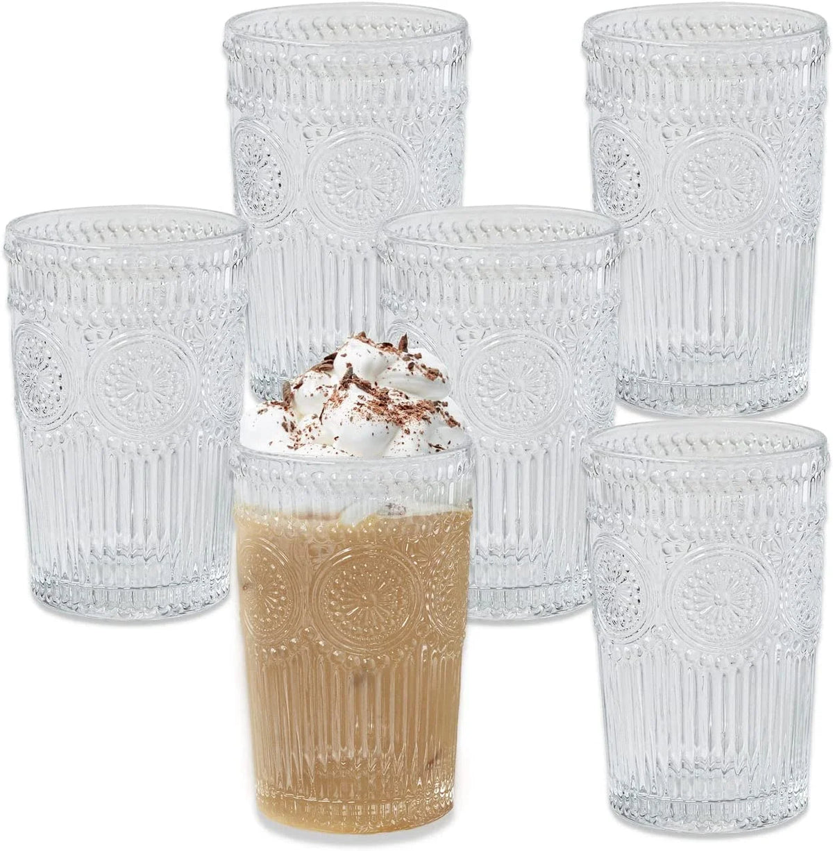 Vintage Textured Amber Striped Drinking Glasses Set of 24, (13 oz) Ribbed Glassware with Flower Design | Cocktail Set, Juice Glass, Water Tumbler
