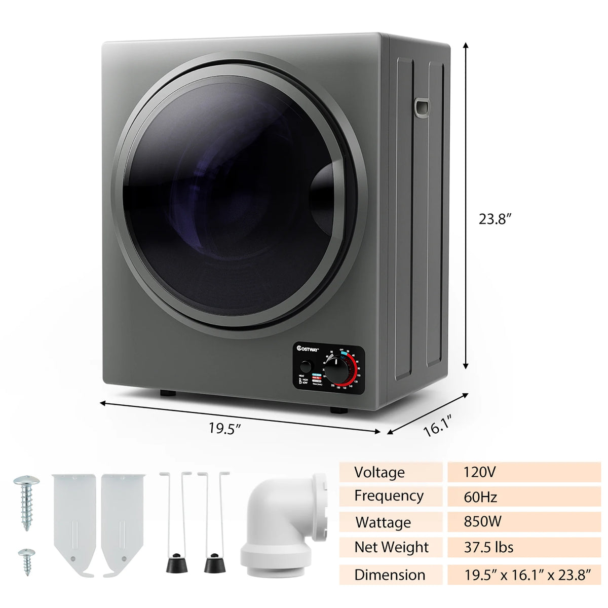 Costway Electric Tumble Compact Laundry Dryer Stainless Steel Wall Mounted 1.5 cu .ft.