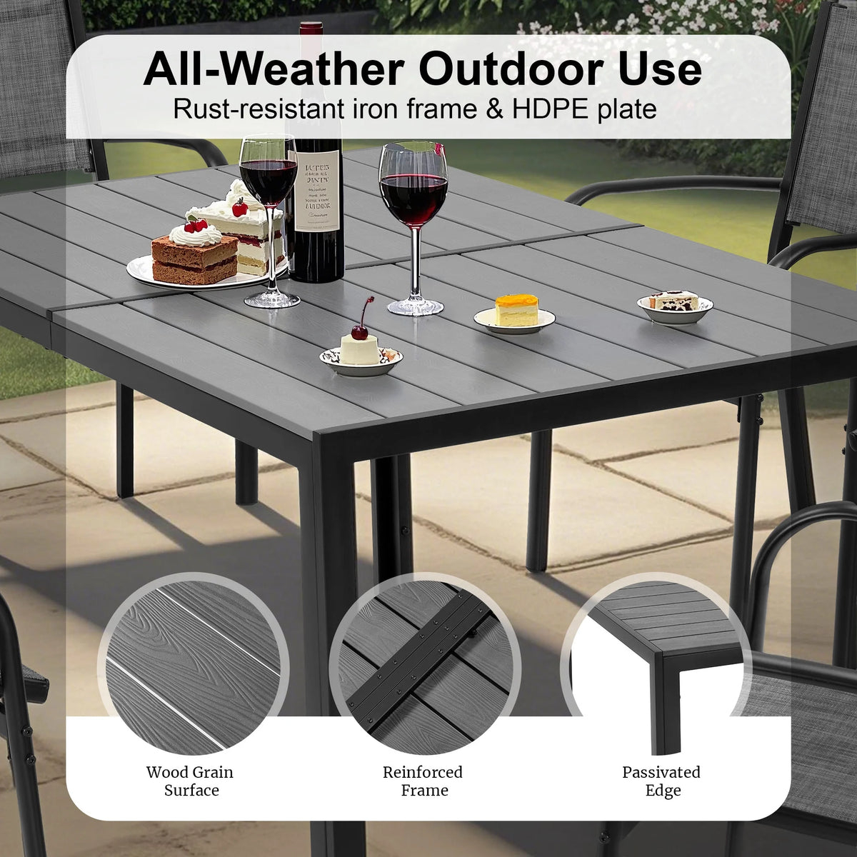 Seizeen 7-Piece Outdoor Table and Chairs, Patio Table Set with 6 Rattan Chairs, All-weather Outdoor Patio Dining Sets Rectangular Metal Table with Acacia Wood Top, Umbrella Hole, Gray