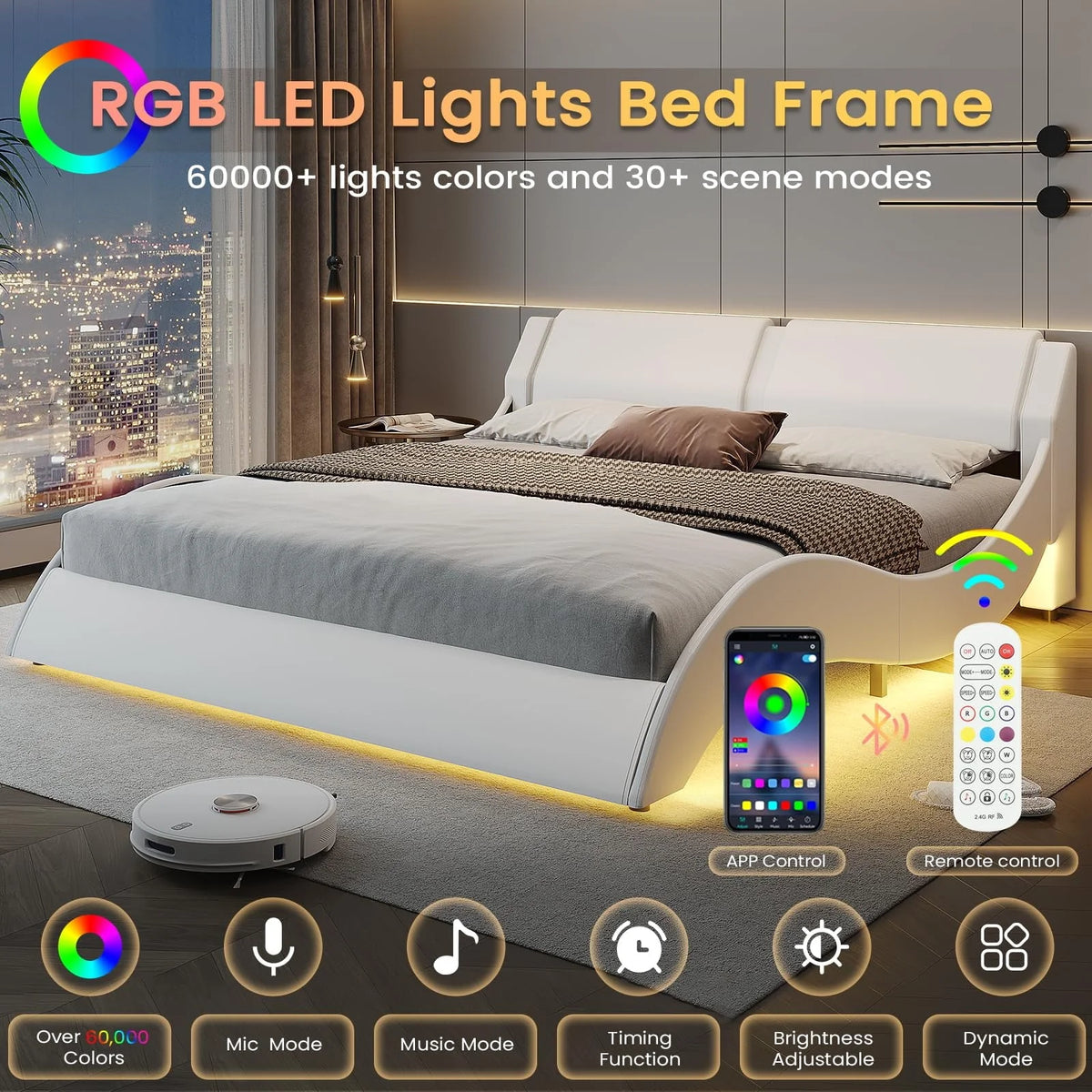 Queen Size Bed Frame with LED Lights,Modern Platform Bed Frame with Upholstered Headboard,Faux Leather Wave Like Low Profile Bed Frame,No Box Spring Needed,Black