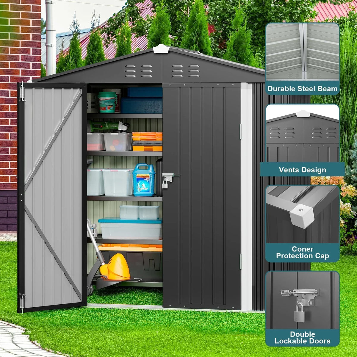 Lofka 6 x 4 FT Galvanized  Metal Outdoor Storage Shed with Double Lockable Doors and Air Vents for Patio, Garden, Backyard, Lawn, Dark Gray