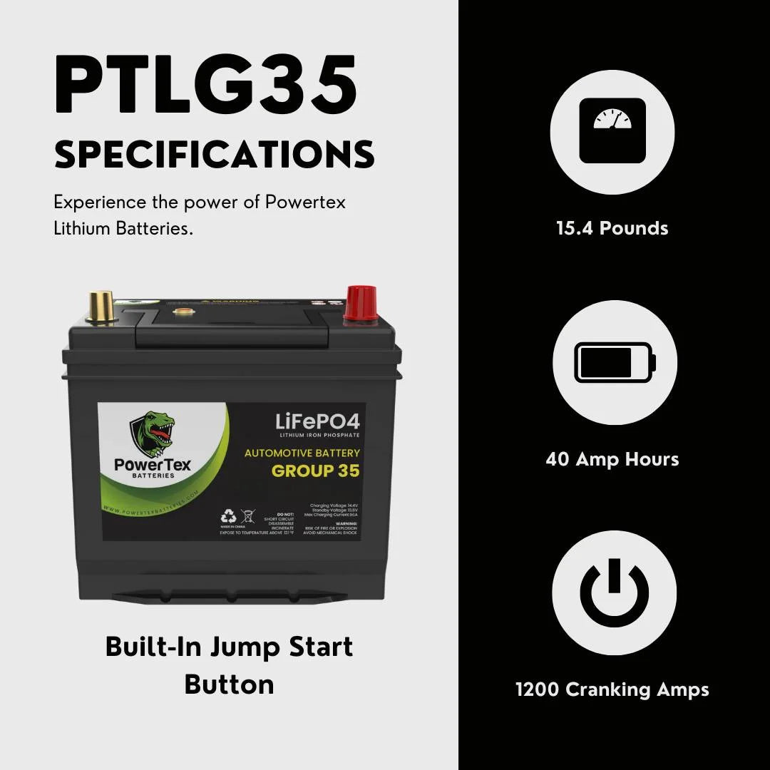 PowerTex Lithium Car Battery BCI Group 35 / Q85 LiFePO4 Lithium Iron Phosphate Automotive Batteries - 40Ah | 1200CA | Internal Jump-Start | Cutting Edge BMS | Bluetooth