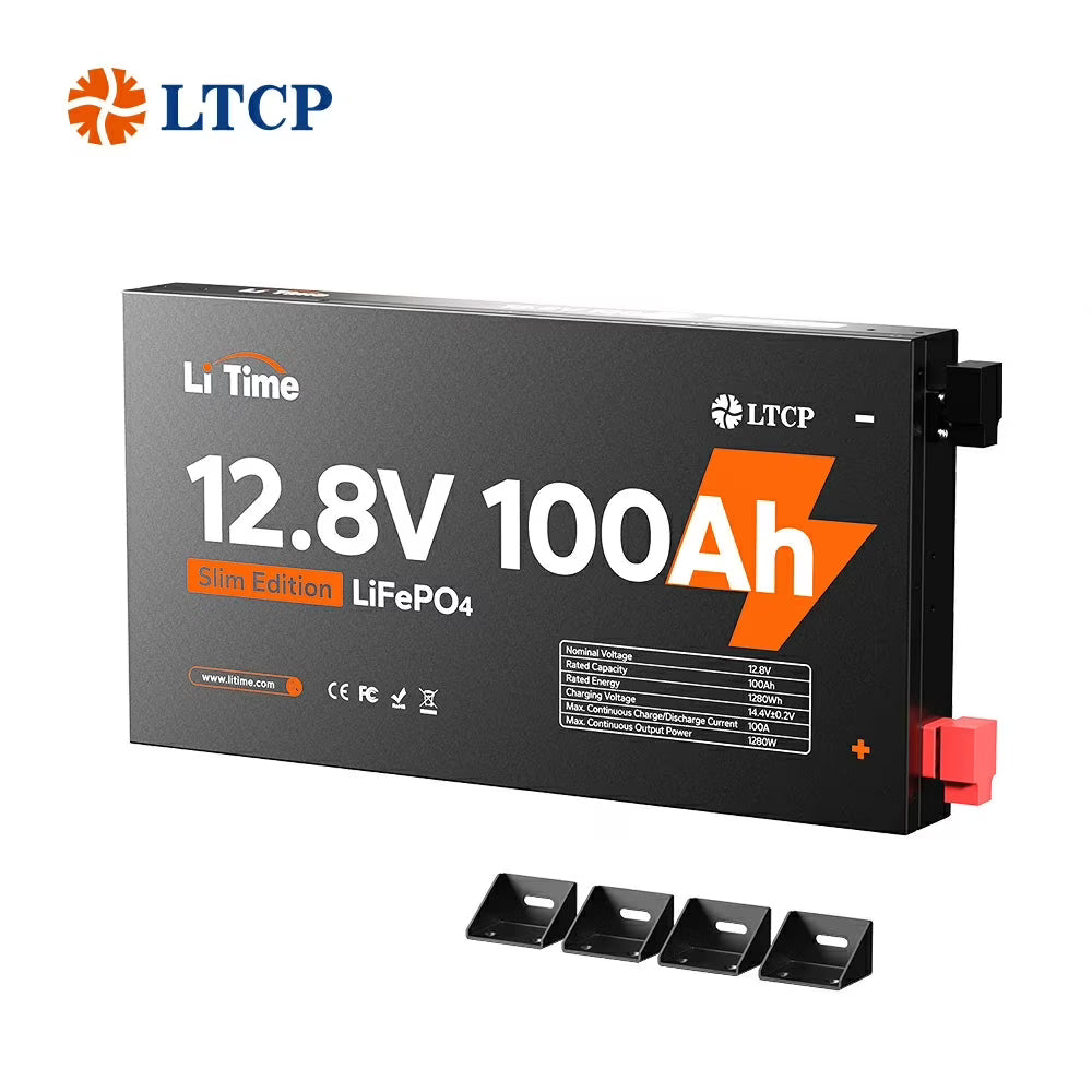 LiTime 12V 100Ah Slim LiFePO4 Battery-2.36" Ultra-Thin Design, Built-in 100A BMS with Low-Temp Protection, Fits into Tight Spaces, Ideal for RV, Solar & Marine Use