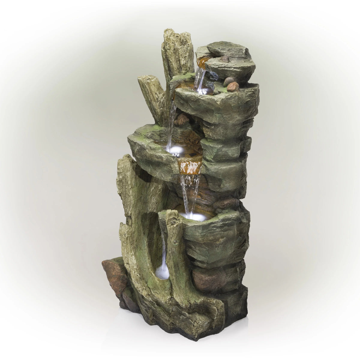 Alpine 39" Outdoor Multi-Tier Stone Tower Waterfall Electric Fountain with LED Lights