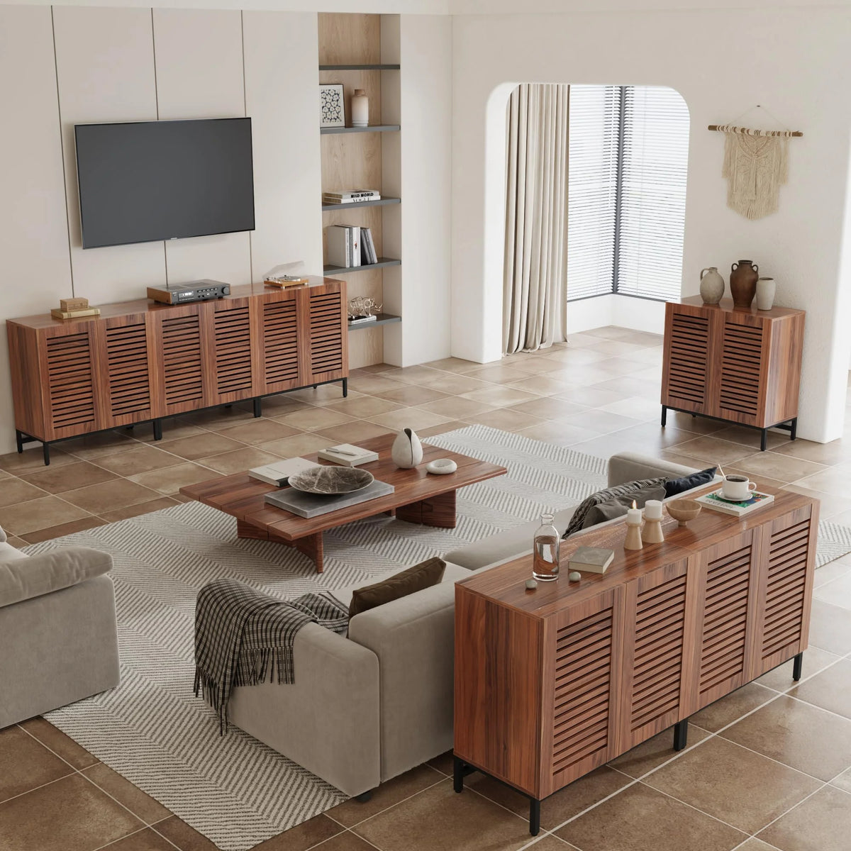 JOMEED Buffet Sideboard Cabinet with Louvered Doors & Adjustable Shelf, Wood Storage Cabinet for Kitchen, Dining Room, Living Room, Entryway Walnut