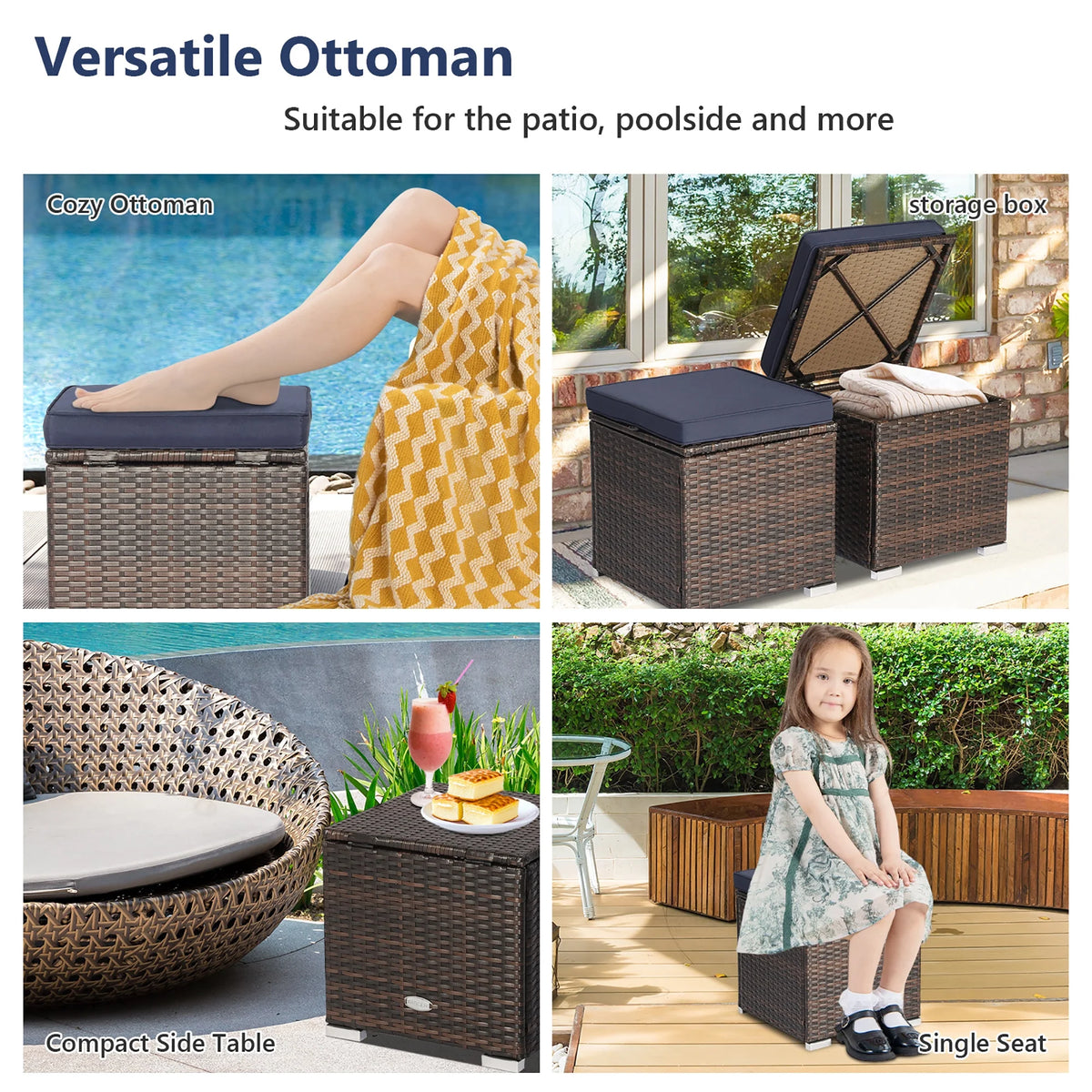 Costway 2PC Patio Rattan Ottoman Seat Side Table Storage Box Footrest Off White