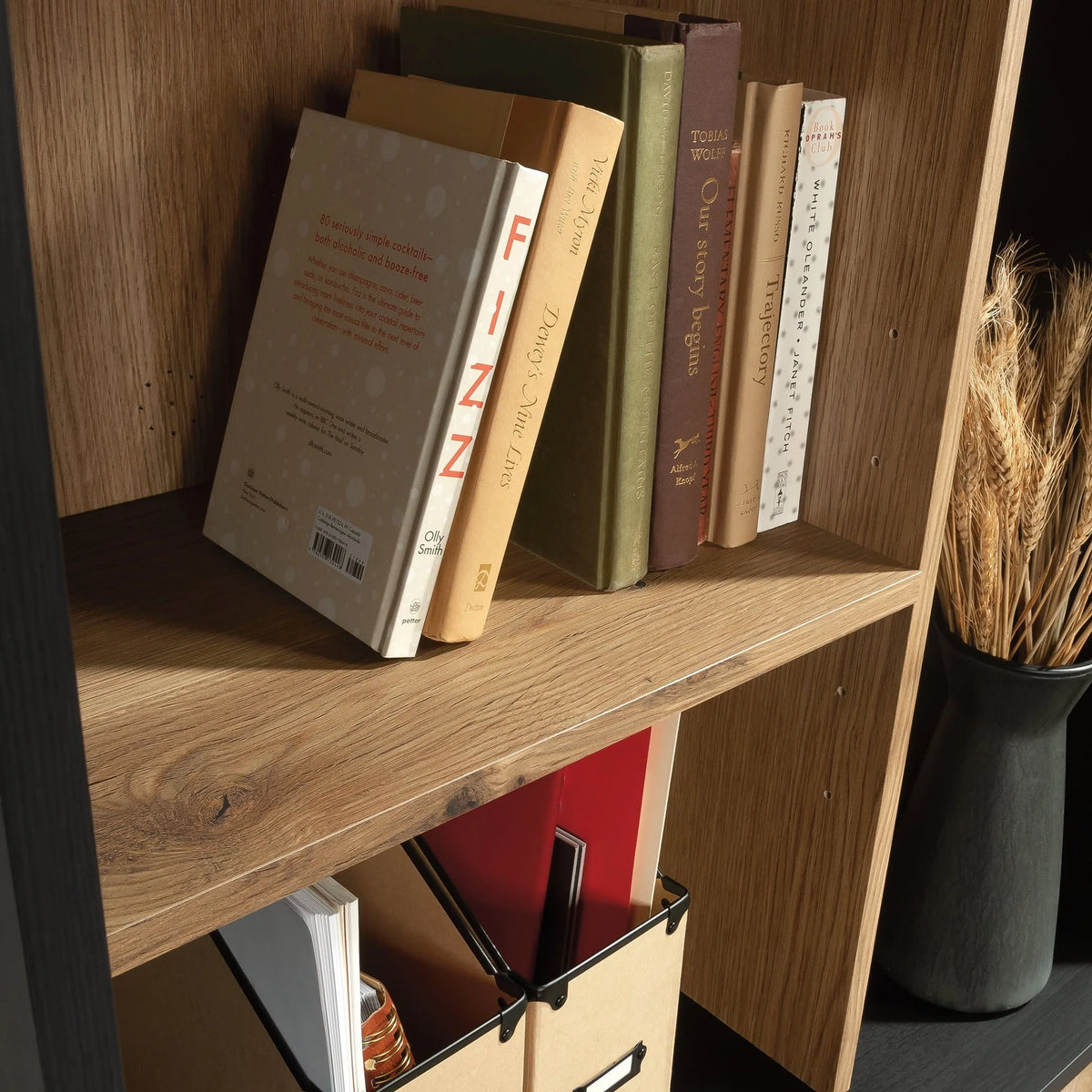 Sauder Acadia Way 5-Shelf Tall Bookcase with Doors, Raven Oak Finish
