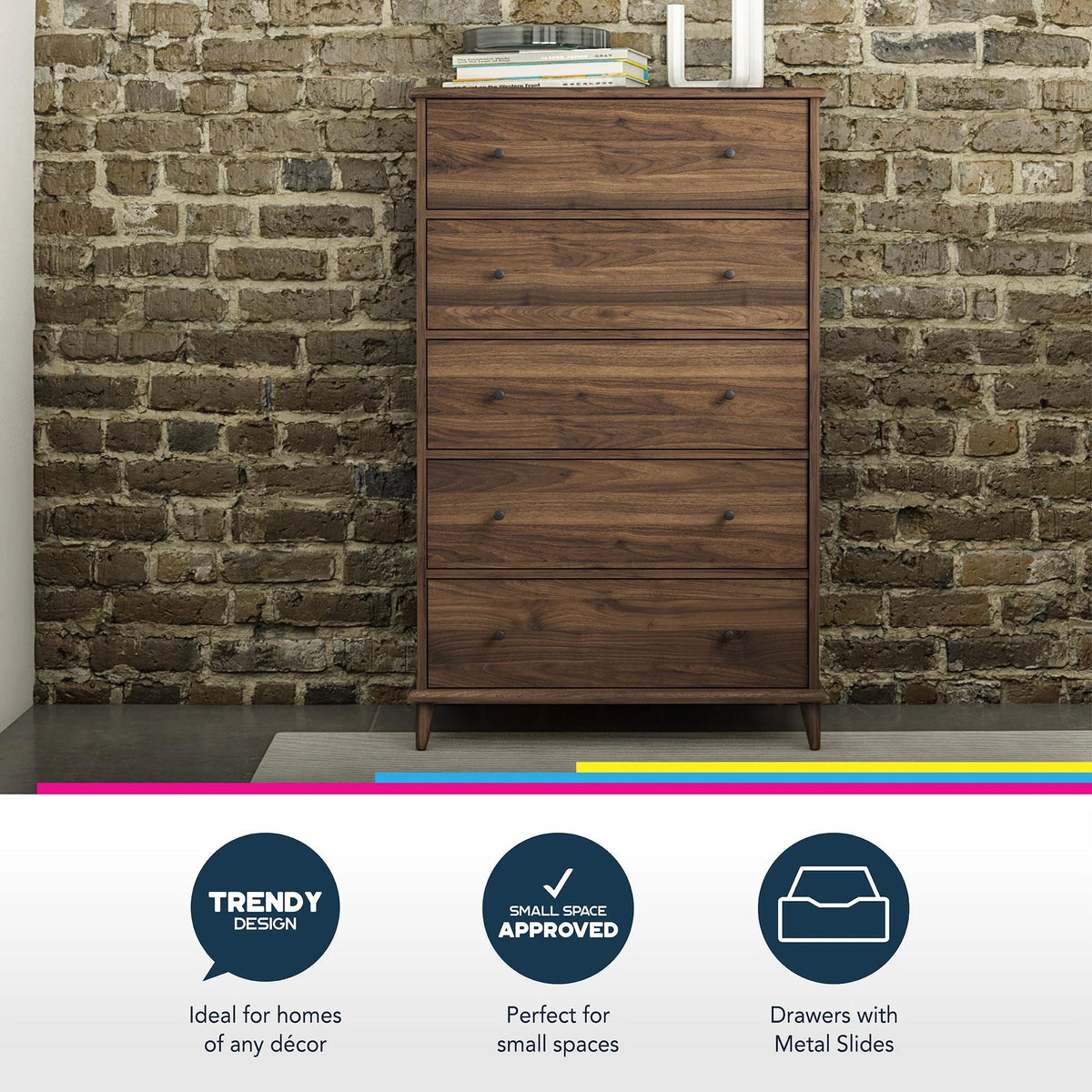 Ameriwood Home Farnsworth 5-Drawer Dresser, Walnut