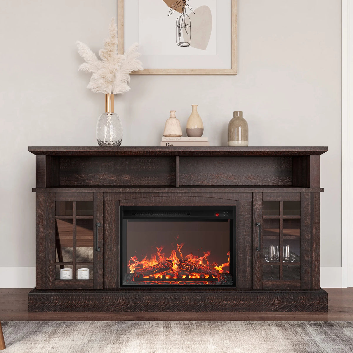 BELLEZE 58" TV Stand with 23" Electric Fireplace, Fireplace TV Console for TVs up to 65", Home Entertainment Center with Storage Cabinet and Adjustable Shelves - Astorga (Gray Wash)