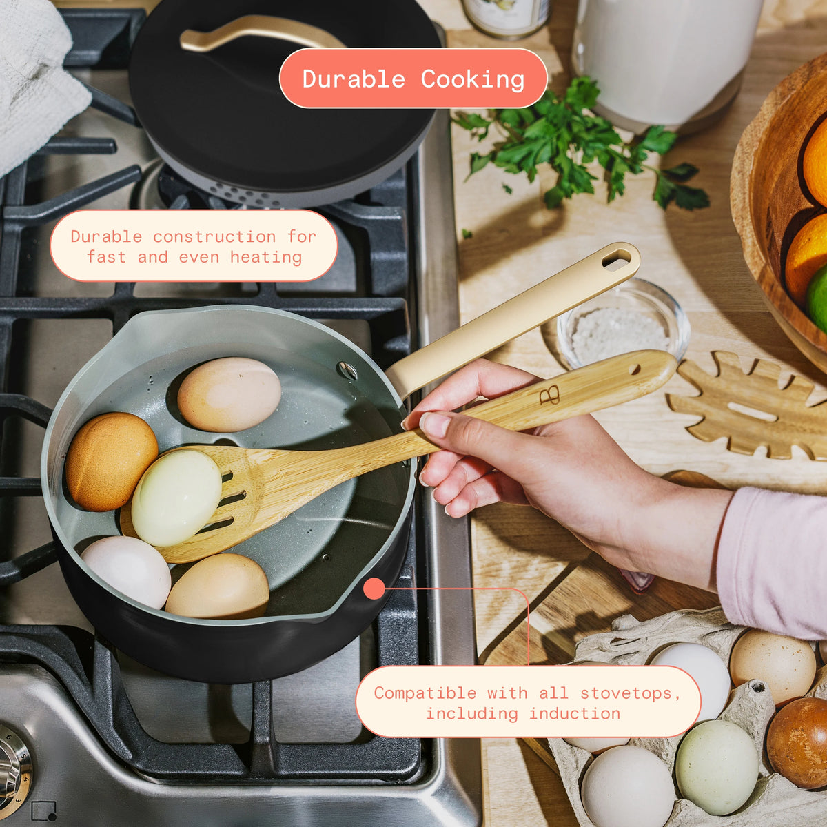Beautiful 12pc Ceramic Non-Stick Cookware Set with Strainer Lids, White Icing by Drew Barrymore