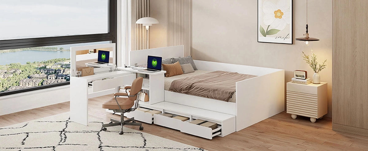 Full Size White Wooden Platform Bed w/ 6 Drawers, Vanity Desk &amp; Shelves - Bedroom Furniture. Space-saving design. Includes storage, perfect for small spaces. 75.3"L x 100.9"W.