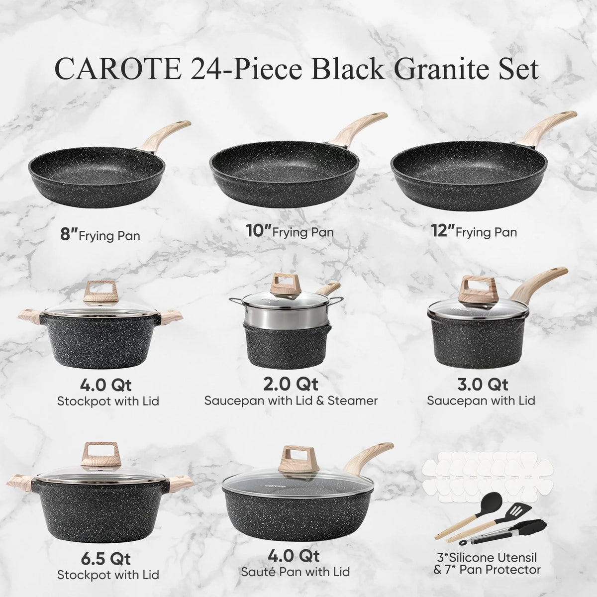 Carote Nonstick Pots and Pans Set, 24 Pcs Non Stick Induction Kitchen Cookware Sets (Black Granite)