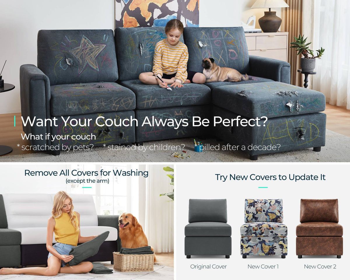 Linsy Home Modern Convertible Sleeper Sofa Bed with Storage Ottomans, Modular Sectional Couch Sofa,Dark Gray