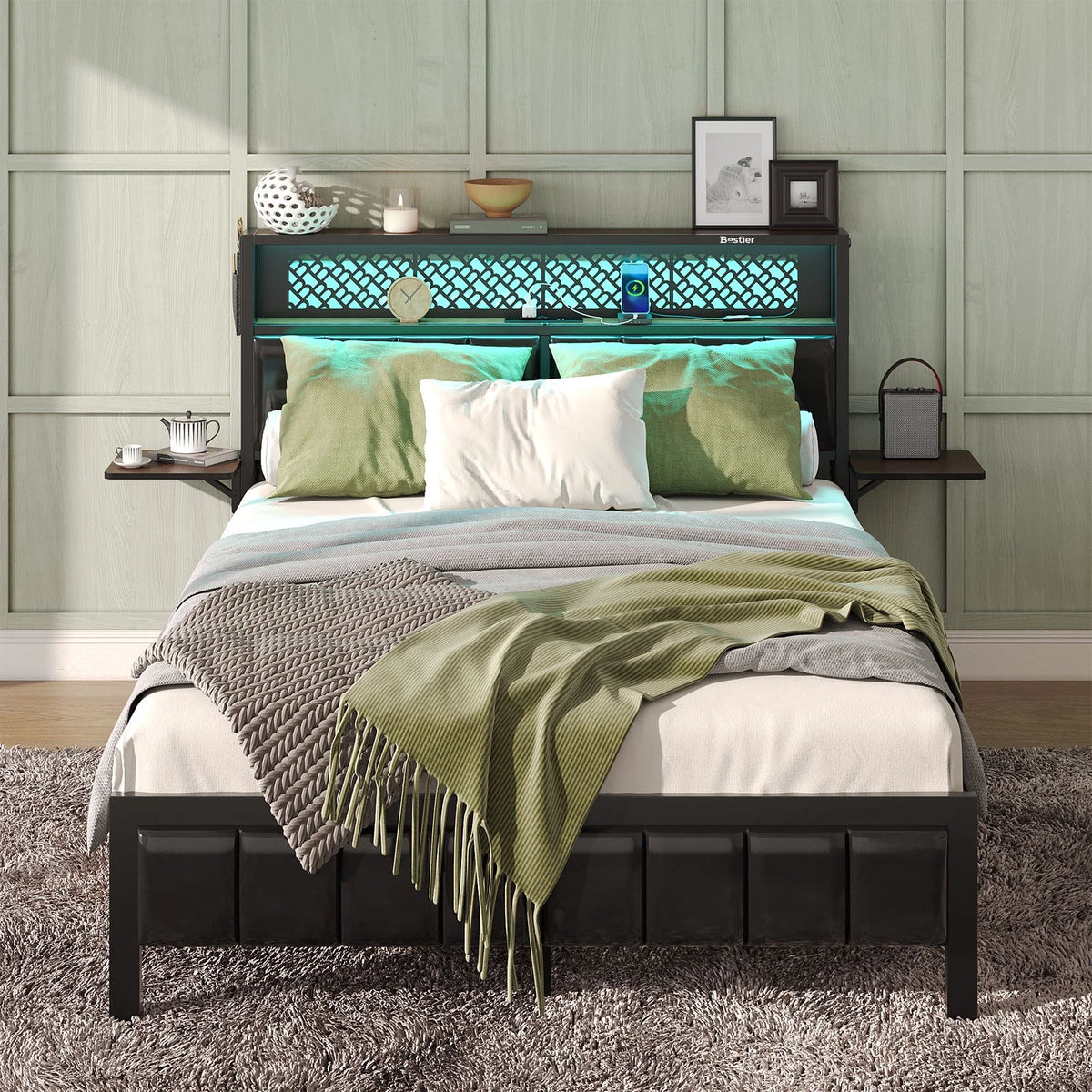 Bestier Queen Size Platform Bed Frame with Wood Foldable Bedside Shelves and LED Storage Headboard Charge Station, Gray