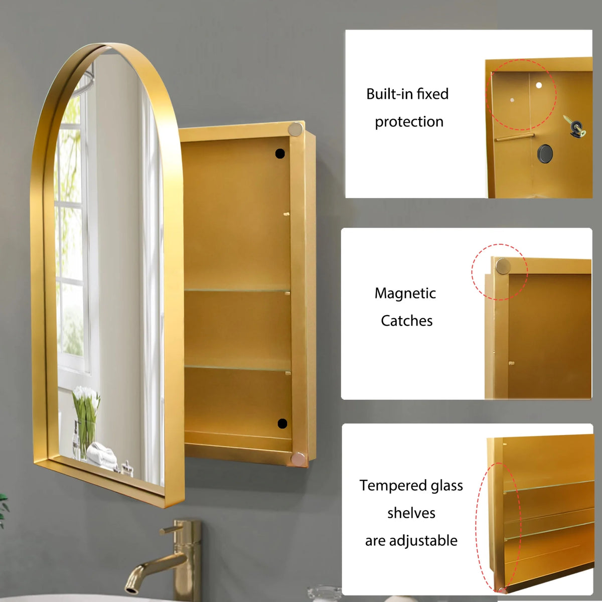 16x24 Inch Bathroom Mirror Cabinet with Adjustable Glass Shelves, Recessed Metal Framed Medicine Cabinet for Storage, Matte Gold