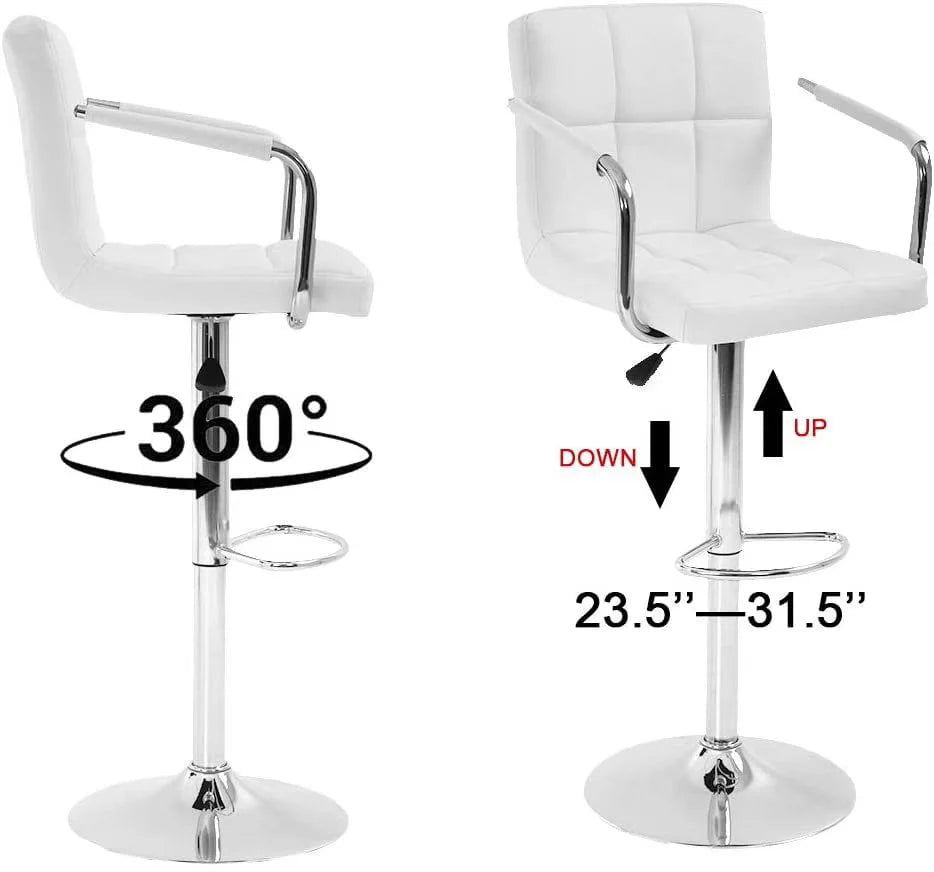Set of 2 PU Leather Bar Stools Armrest Counter Stools Swivel Square Counter Height Barstools with Armrest Adjustable Hydraulic Bar Chairs with Upholstered Back & Seat, White