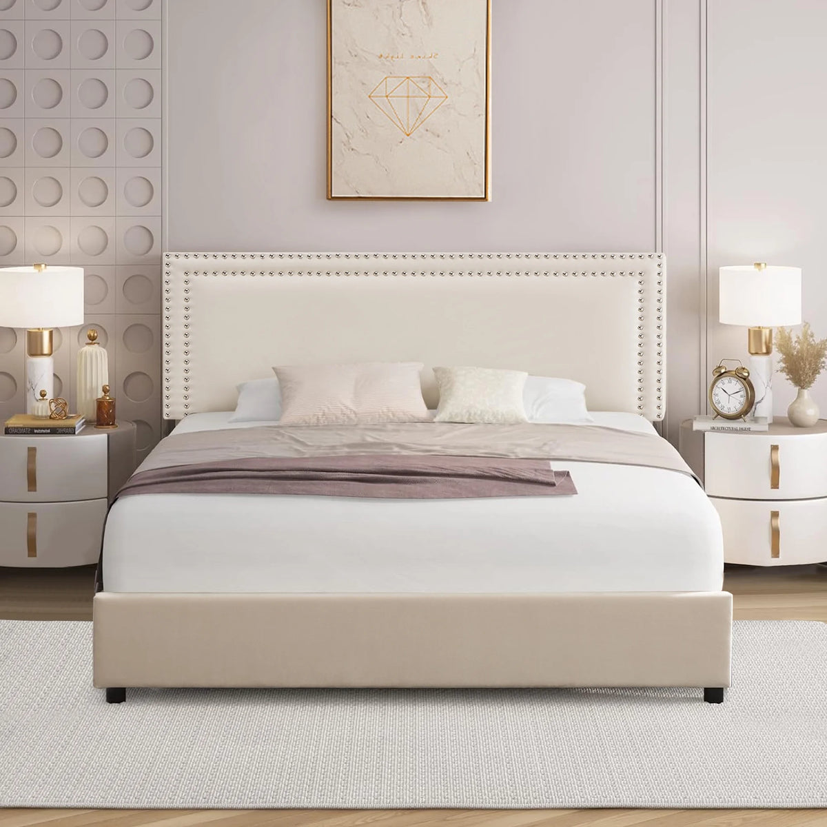 VECELO Full Bed Frame with 4 Storage Drawers (Wheeled) and Tufted Upholstered Adjustable Headboard Platform Bed, Beige