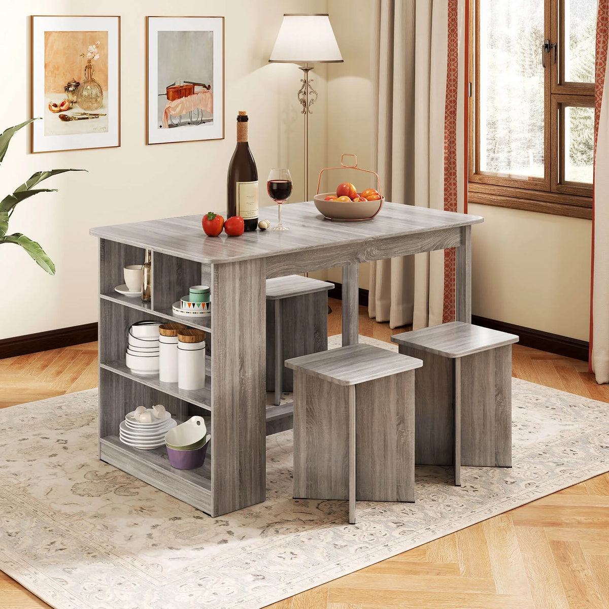 Costway 5 PCS Dining Table Set with Storage Shelf Rectangular Kitchen Table with 4 Stools Beige