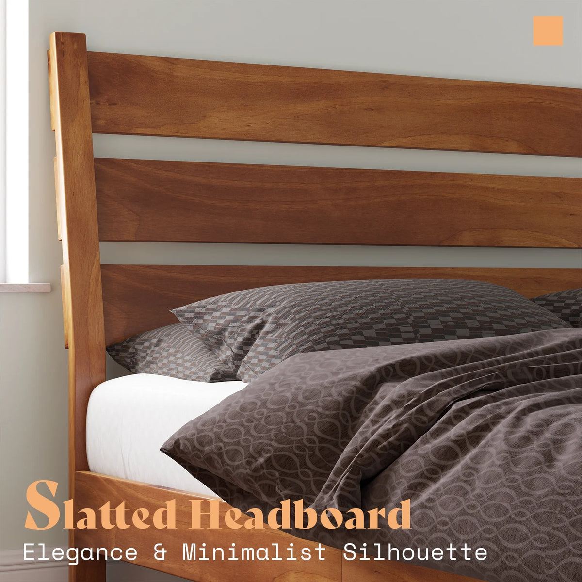 Merluxy Full Size Solid Wood Bed Frame, Mid Century Platform Bed with Reclining Slatted Headboard, Wood Slat Support/Noise Free, Light Brown