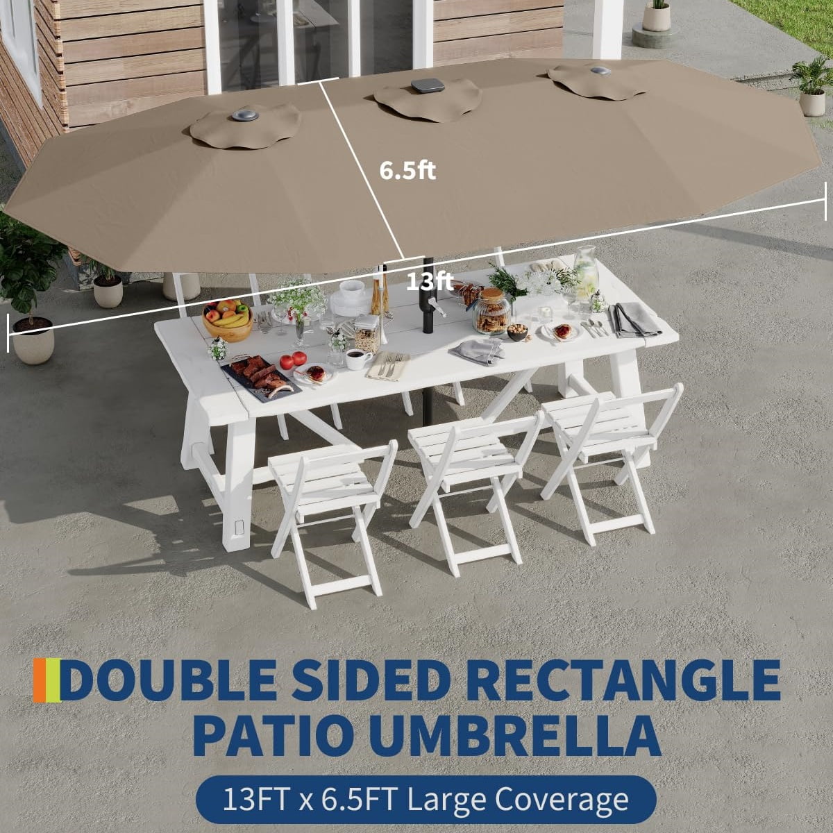 WildBreak Triple Size Large Patio Umbrella, with Crank Handle, Double-Sided, 13' x 6.5', Beige