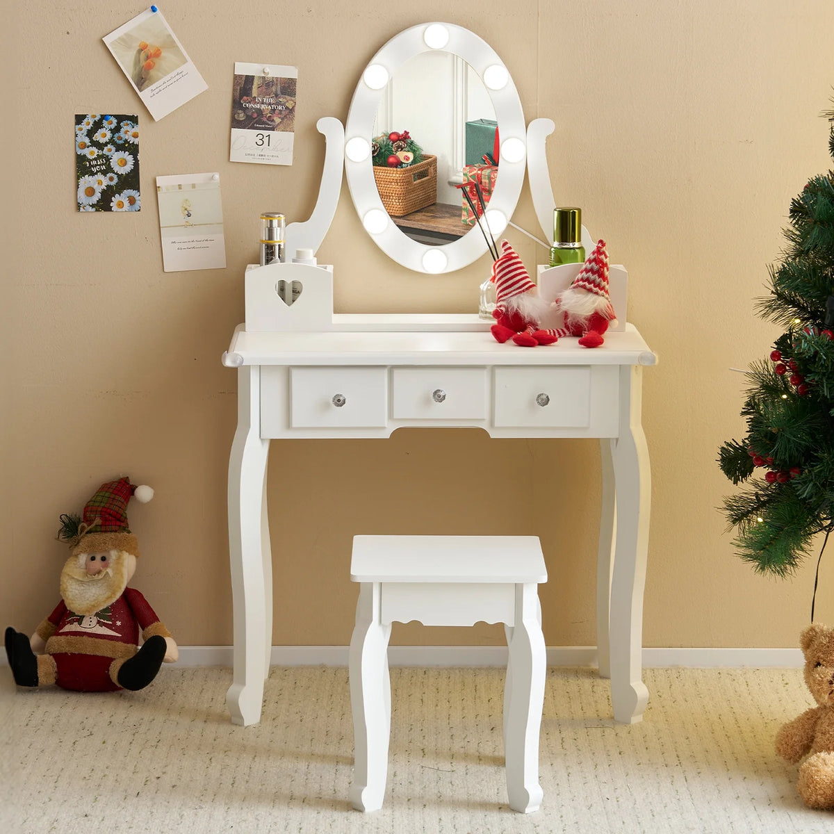 Zimtown Kids' Vanity Set with 3-Color LED Lighted Mirror Makeup Table with Matching Stool, Purple