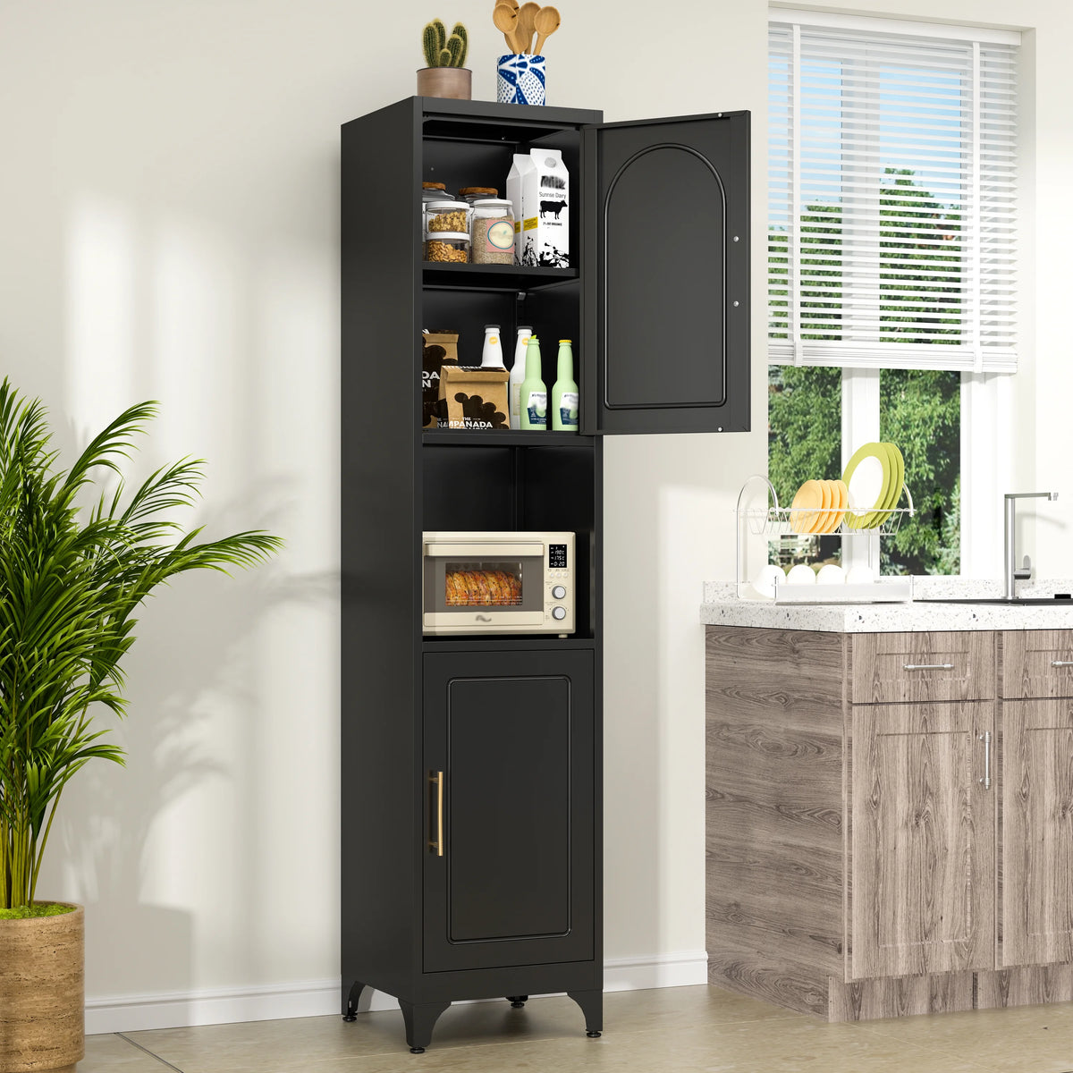 Polup 75" Tall Metal Homes Kitchen Storage Cabinets with Doors and Shelves, Modern Black