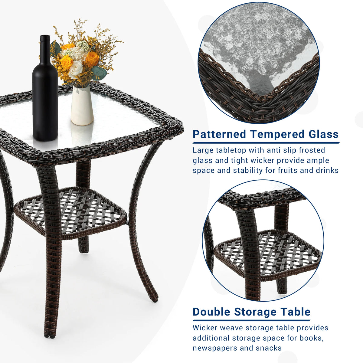 MRUAKA 3 Pieces Patio Furniture Set, Outdoor Swivel Gliders Rocker, Wicker Patio Bistro Set with Rattan Rocking Chair, Glass Top Side Table and Thickened Cushions (Khaki)