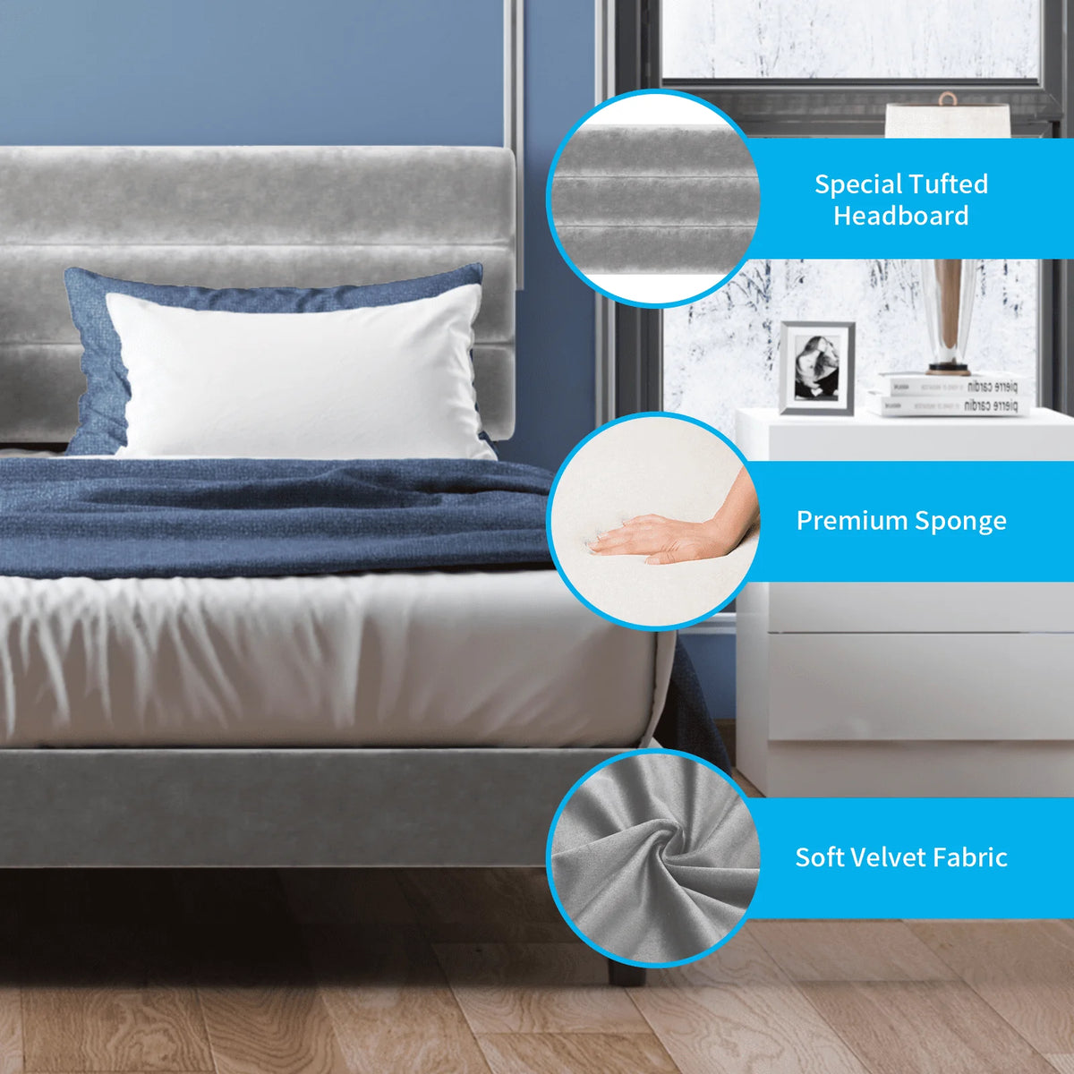 MUZZ Modern Upholstered Velvet Bed Frame, Platform Bed Frame Tufted | Light Grey, Full