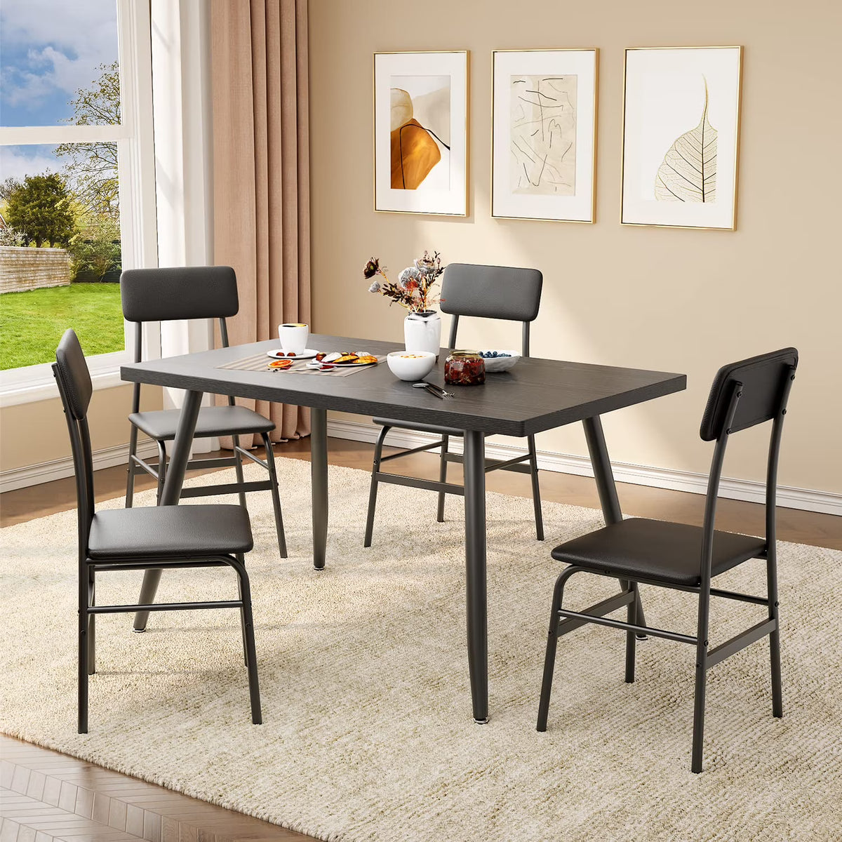 Aiho 5-Piece Modern Dining Set, Metal & Wood Table & 4 Chairs, Space-Saving for Small Spaces & Apartments, Retro