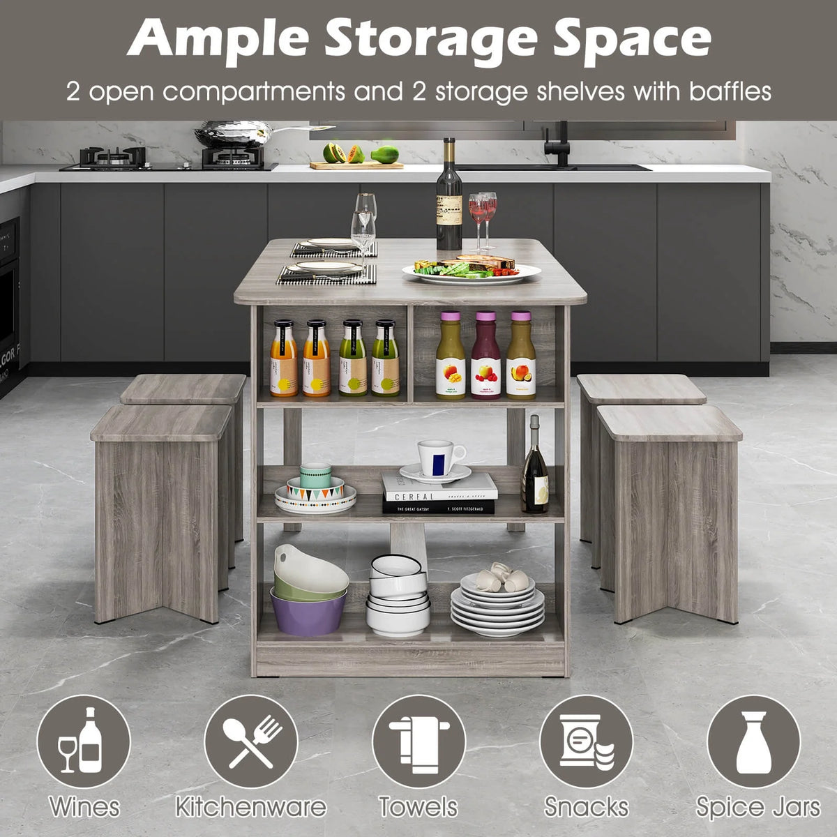 Costway 5 PCS Dining Table Set with Storage Shelf Rectangular Kitchen Table with 4 Stools Beige