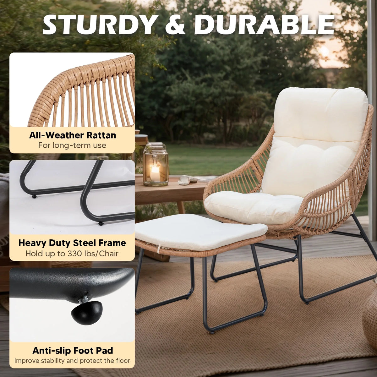 Tappio Wicker Papasan Egg Chair with Ottoman, Outdoor Patio Basket Lounge Chair Indoor Oversized Egg Lounger with Thick Cushion for Living Room Bedroom Balcony Porch, Black
