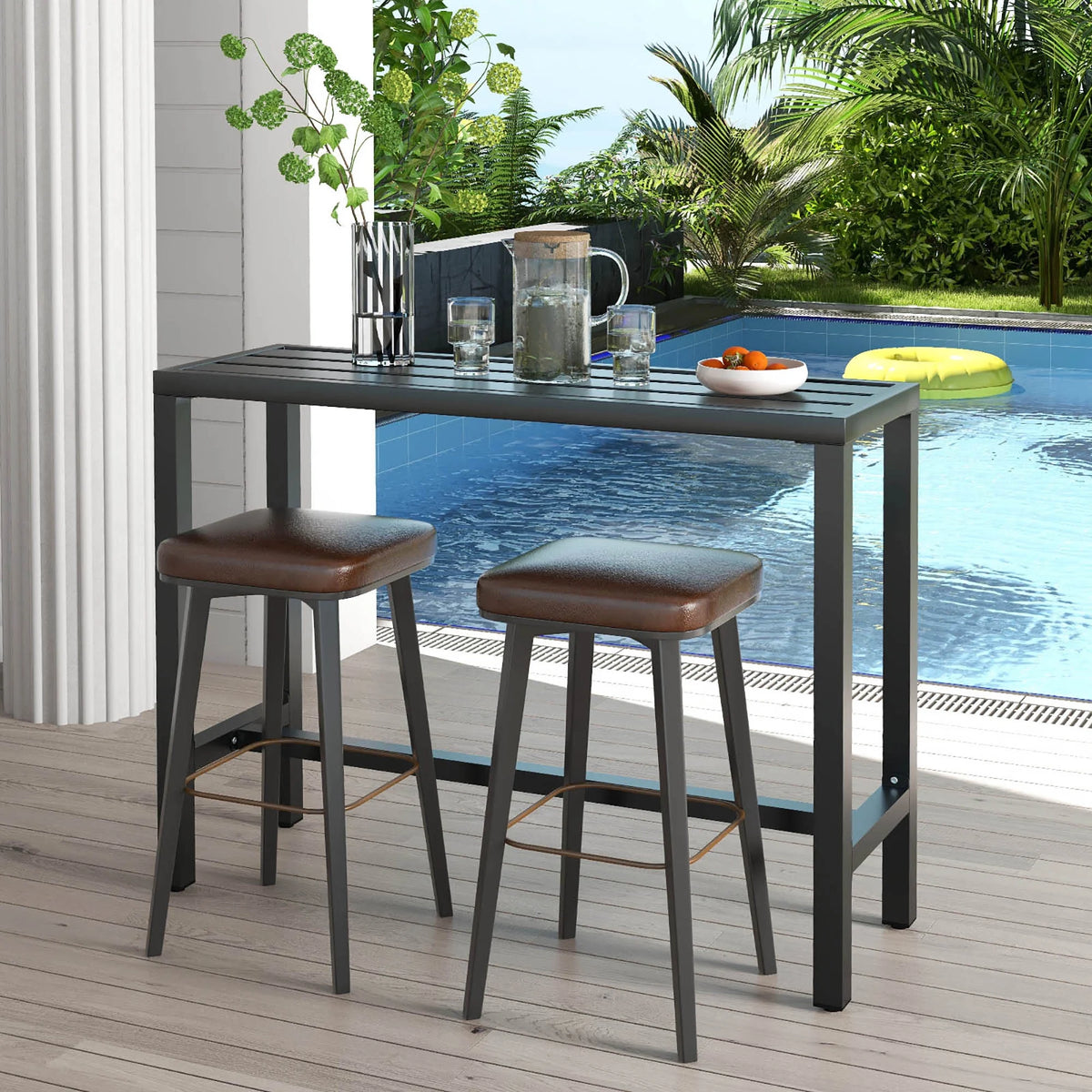 Costway Outdoor Metal Bar Table 55'' Patio Rectangular Counter Height Dining Table Black