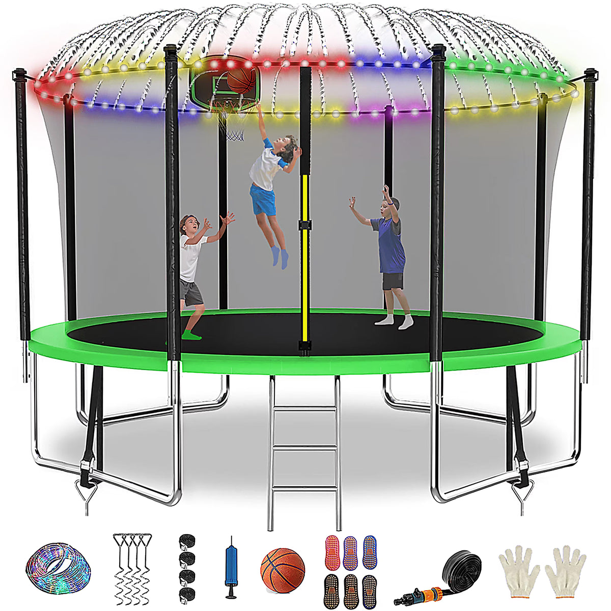 16FT Trampoline for 8-9 Kids Adults with Basketball Hoop, Enclosure, Light, Sprinkler, Socks, 2000LBS Outdoor Round Heavy Duty Recreational Backyard Trampoline