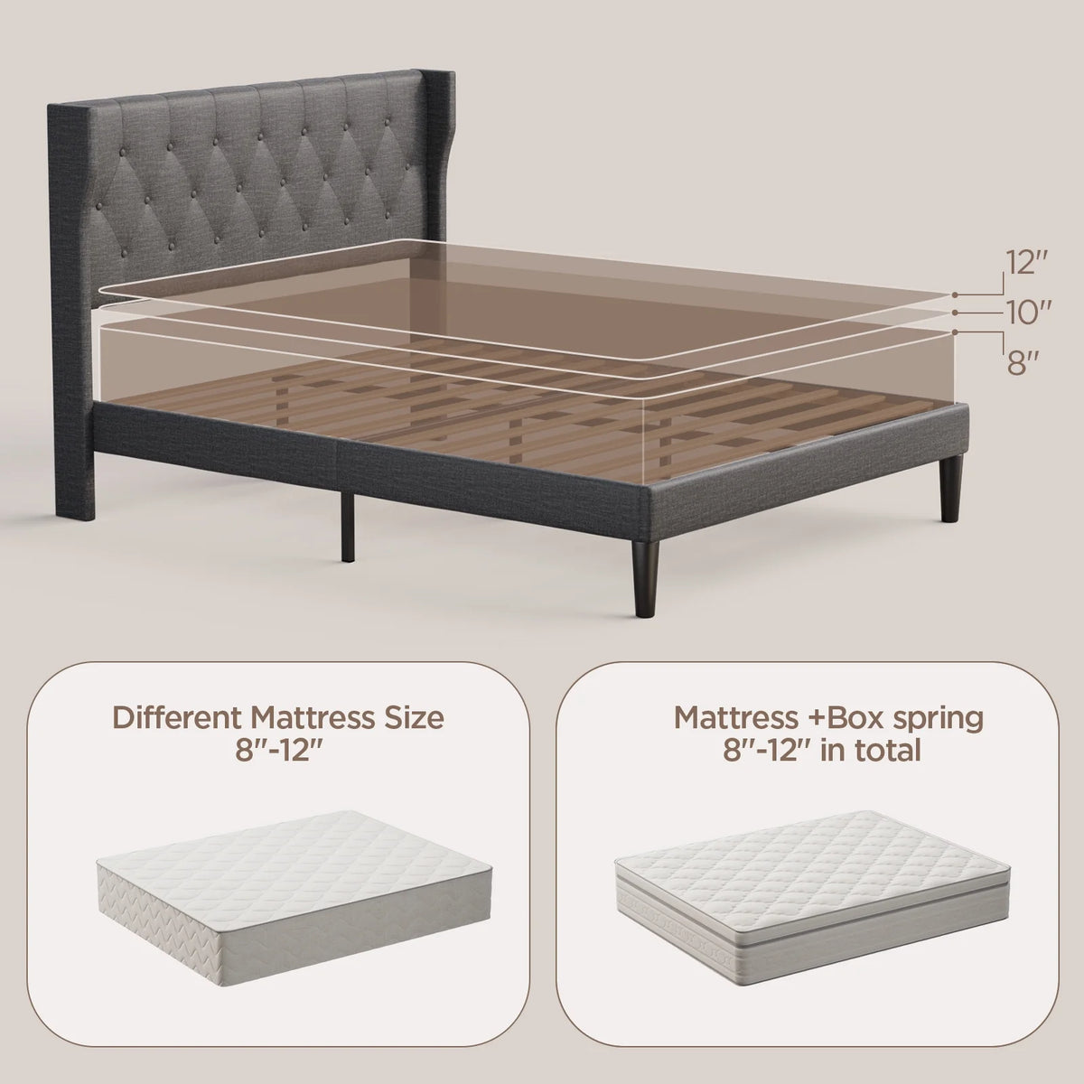 Lofka Queen Size Bed Frame with Upholstered Wingback Headboard Beige Finish