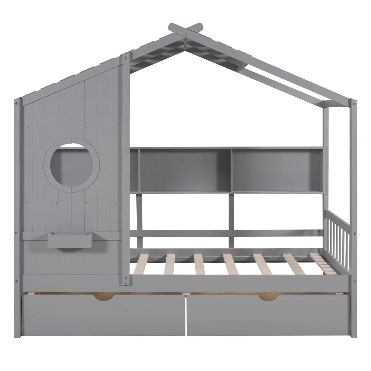Bellemave House Bed with 2 Drawers and Storage Shelves, Wood Full Size Montessori Bed Frame with Roof and Window, Playhouse Bed for Bedroom (White)