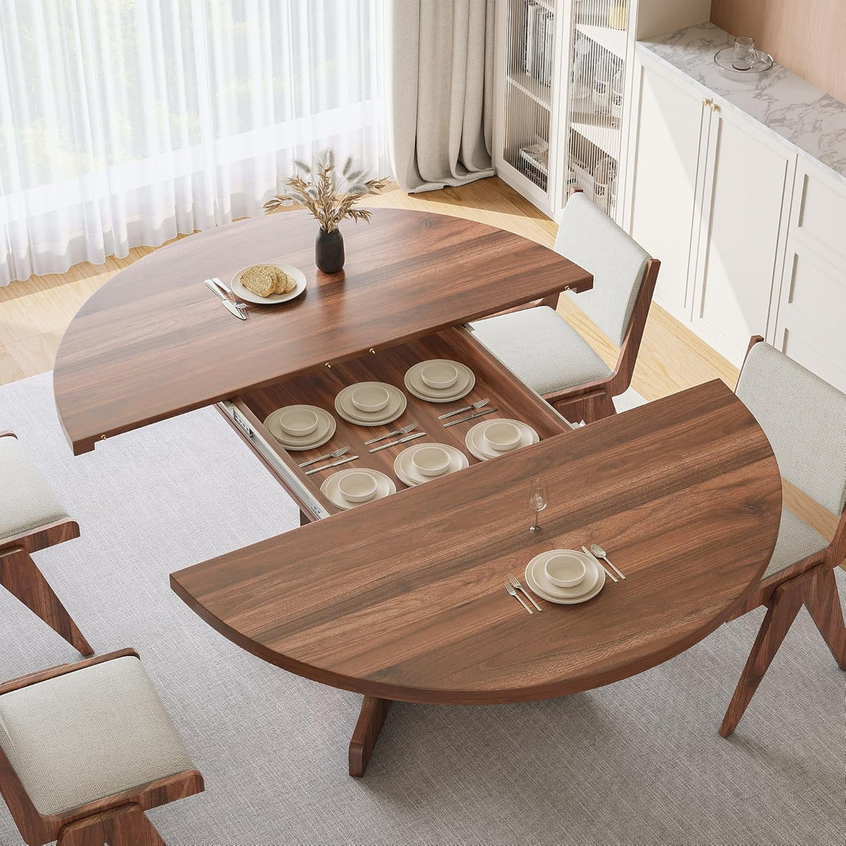 iPormis 59" Extendable Round Dining Table for 6, Modern Kitchen Table with Sturdy Wooden Base, Dining Room Table with Thickened MDF Board, Perfect for Small Space, Black