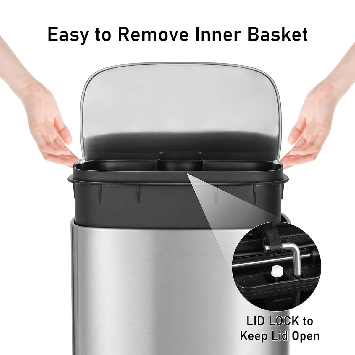 LAZY BUDDY 13.2 Gallon Stainless Steel Kitchen Trash Can with 1.3 Gallon Mini Trash Can, Rectangular Step Garbage Can with Lid