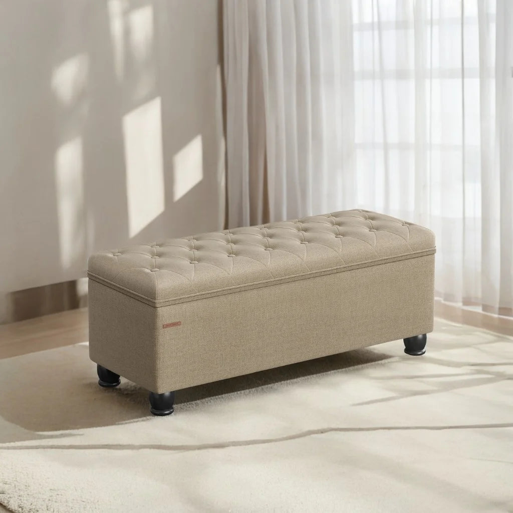 SONGMICS 46.5" Storage Ottoman Bench Storage Bench Bedroom Bench 330lb Load Capacity Solid Wood Legs Light Gray
